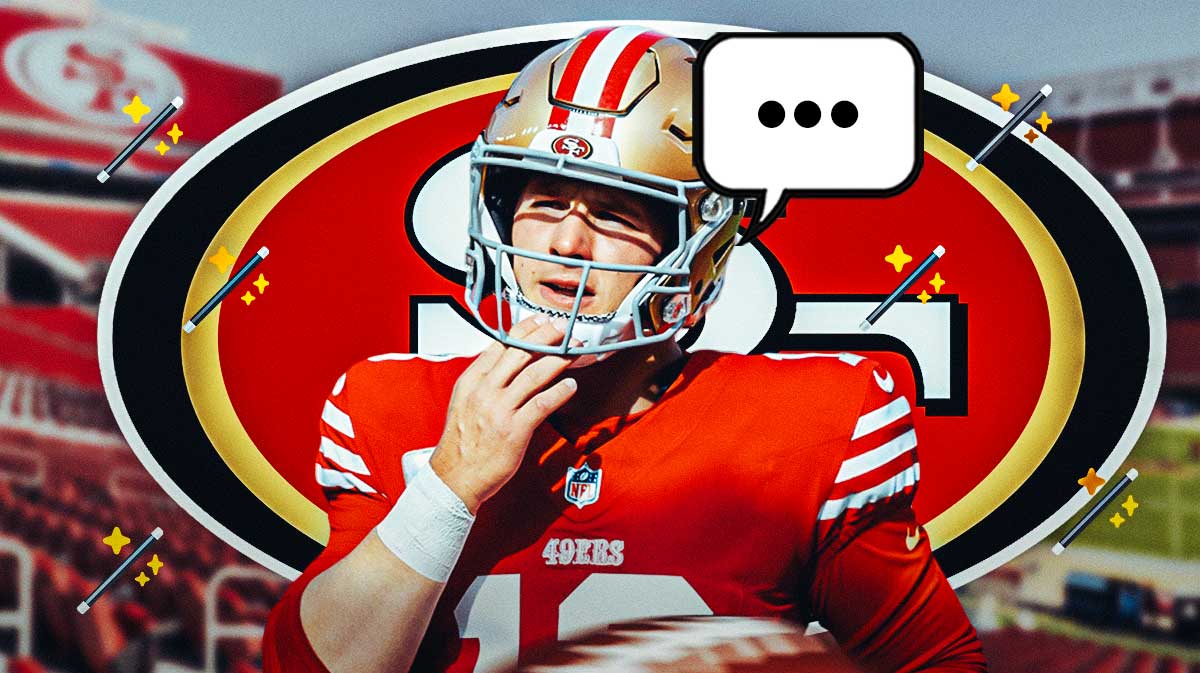 San Francisco 49ers QB Brock Purdy with a speech bubble that has the three dots emoji inside. He is surrounded by magic wand emoijs (🪄) There is also a logo for the San Francisco 49ers.