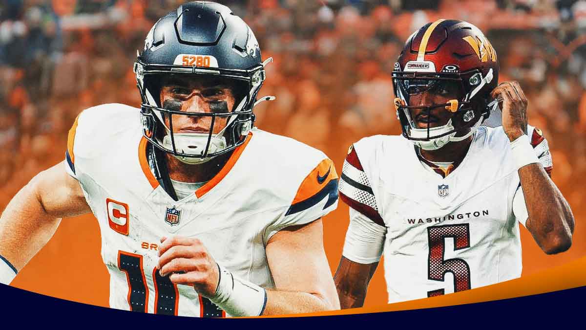 Photo: Broncos' Bo Nix in action beside Jayden Daniels