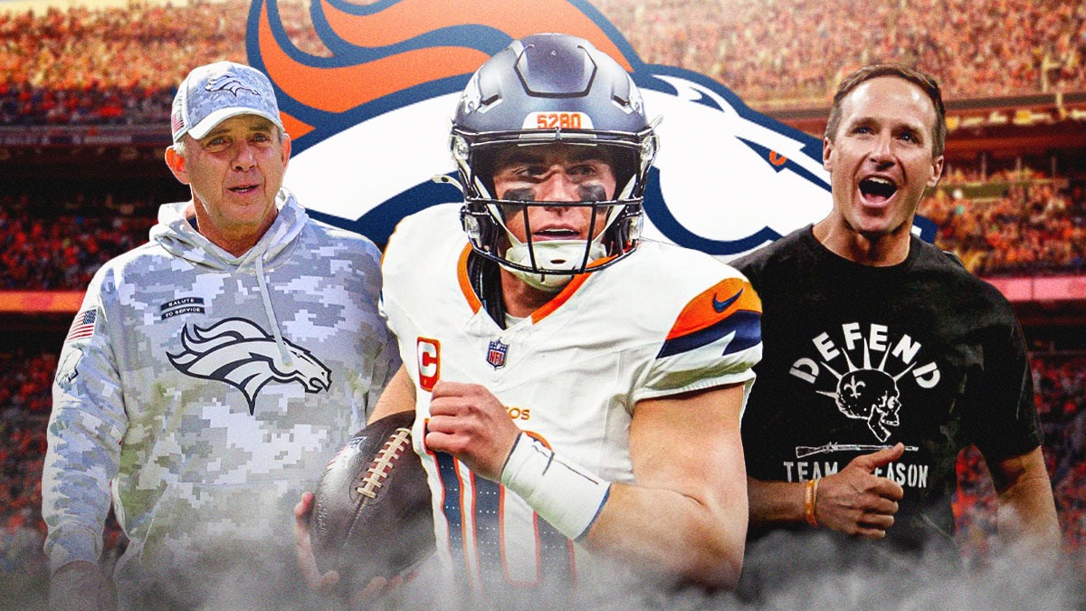 Image of Broncos quarterback Bo Nix looking hyped next to image of quarterback Drew Brees (no helmet on) giving a thumbs up next to image of Broncos coach Sean Payton. Broncos logo in the background