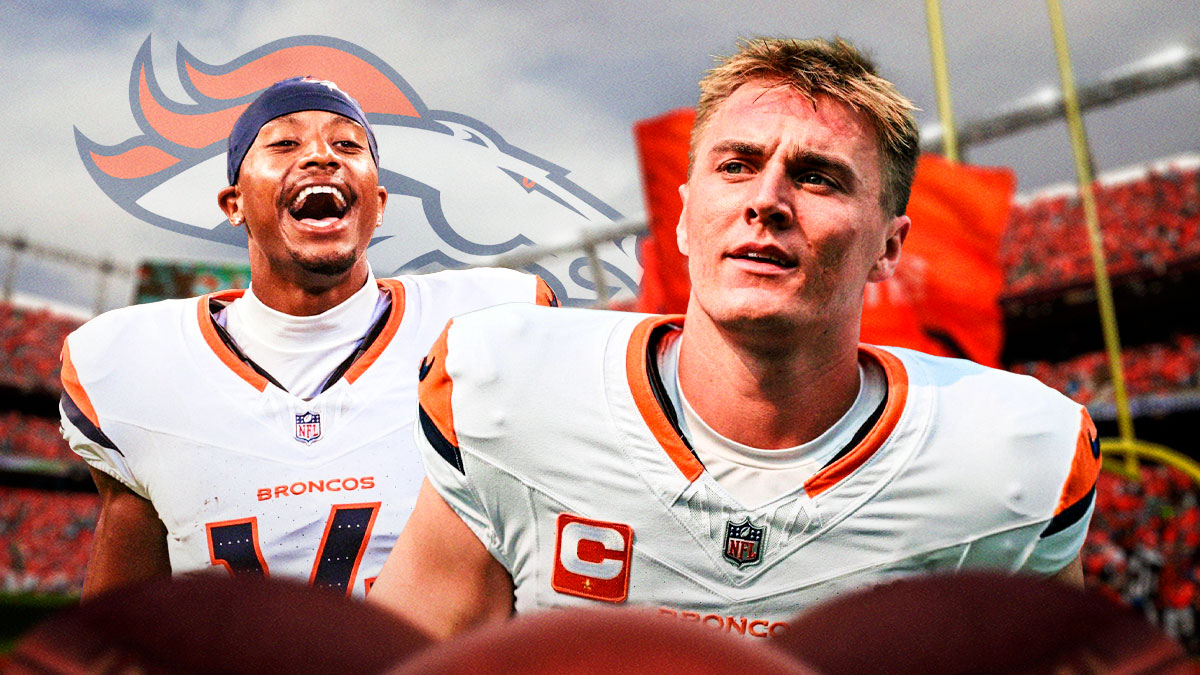 Image Broncos wide receiver Cortland Sutton looking happy and pointing at image of Broncos QB Bo Nix looking hyped. Broncos logo in background