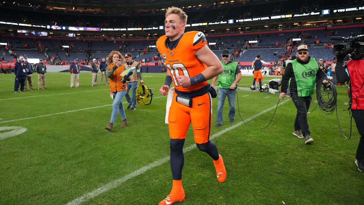 Denver Broncos quarterback Bo Nix (10) following the win over the Atlanta Falcons at Empower Field at Mile High.