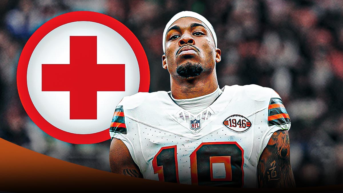 Cedric Tillman in a Cleveland Browns uniform with a red and white first aid symbol as Tillman was ruled out with injury leaving QB jameis winson shorthanded.