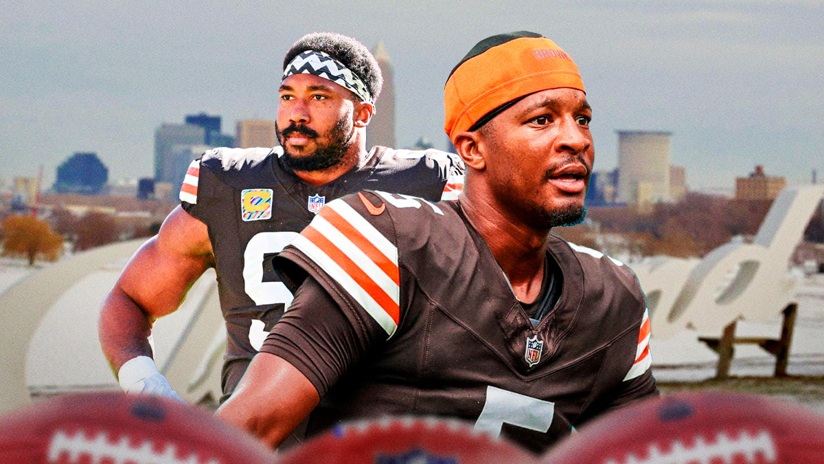 Myles Garrett next to Jameis Winston with Cleveland background.