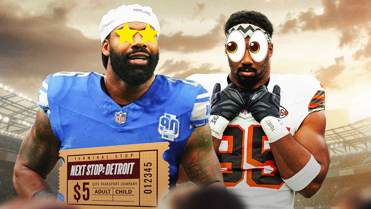 Cleveland Browns DE Myles Garrett with 👀 emoji over his eyes with Za'Darius Smith in Detroit Lions uniform and a ticket to Detroit looking like this emoji with the stars over his eyes (🤩).