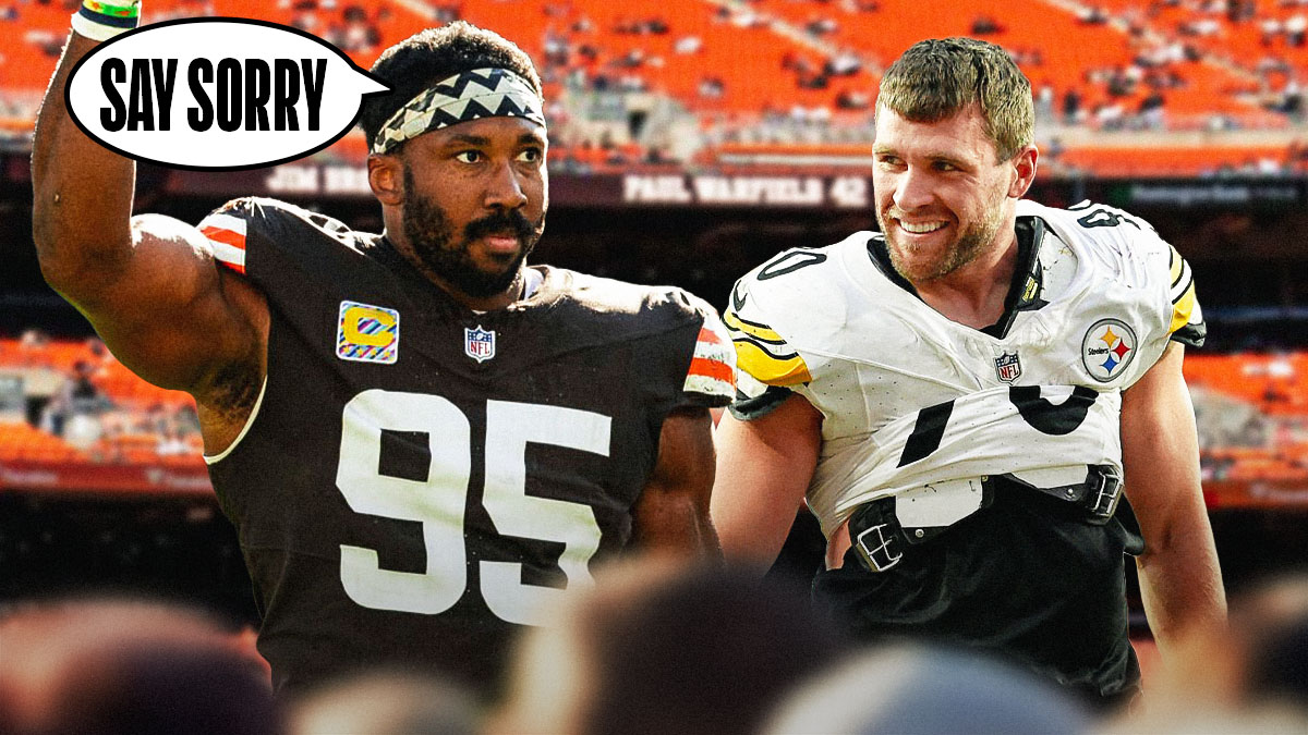 Myles Garrett saying "Say sorry" to TJ Watt