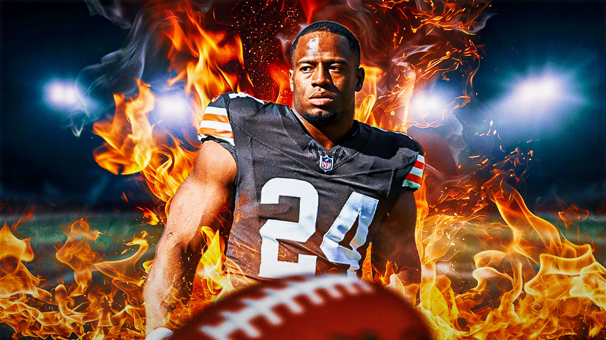 Nick Chubb with a fire flame surrounding him.