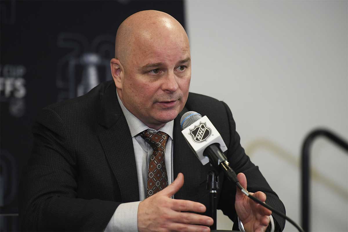 Boston Bruins coach Jim Montgomery speaks to the media after defeating the Toronto Maple Leafs in game seven of the first round of the 2024 Stanley Cup Playoffs at TD Garden.