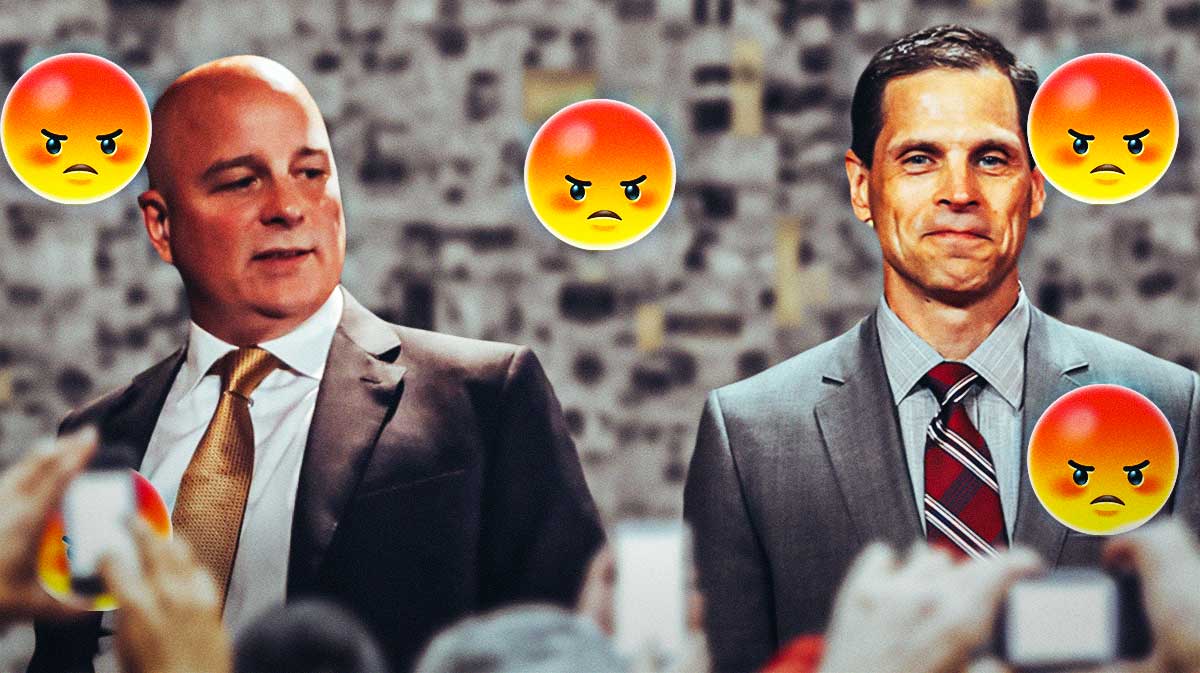 A newspaper as the background, Jim Montgomery and Don Sweeney on one side, a bunch of Boston Bruins fans on the other side with angry emojis around them