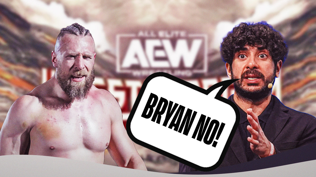 Tony Khan with a text bubble reading "Bryan no!" next to 2024 Bryan Danielson with the AEW Wrestle Dream logo as the background.