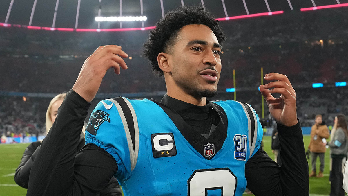 Carolina Panthers quarterback Bryce Young (9) reacts after the game against the New York Giants during the 2024 NFL Munich Game at Allianz Arena.