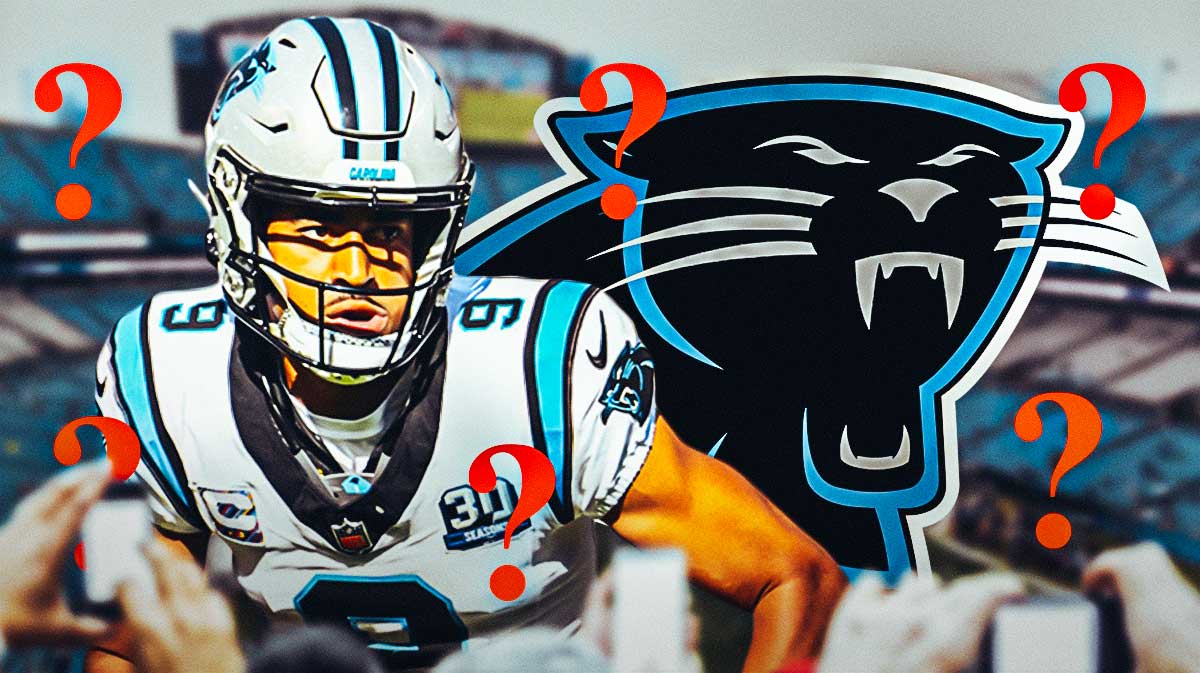 Carolina Panthers QB Bryce Young surrounded by question mark emojis. There is also a logo for the Carolina Panthers.