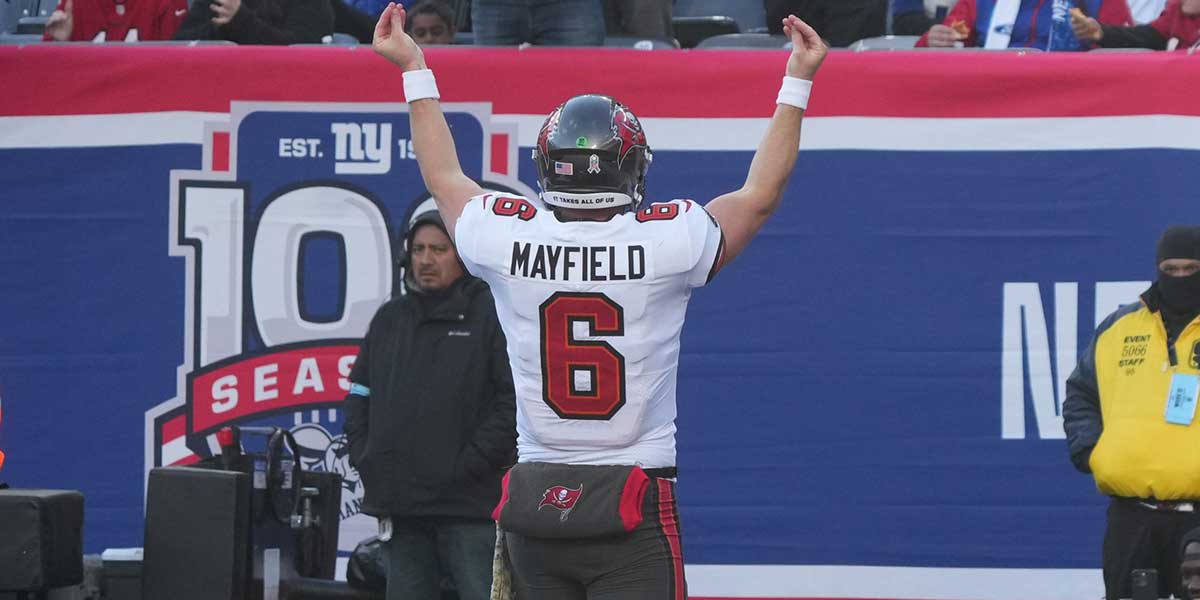 East Rutherford, NJ -- November 24, 2024 -- Baker Mayfield of Tampa Bay after scoring a TD in the first half as the Tampa Bay Buccaneers came to MetLife Stadium and defeated the New York Giants 30-7.