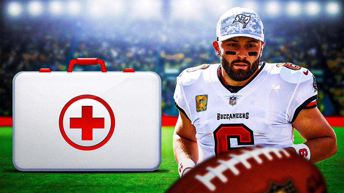 Buccaneers' Baker Mayfield with medical kit next to him