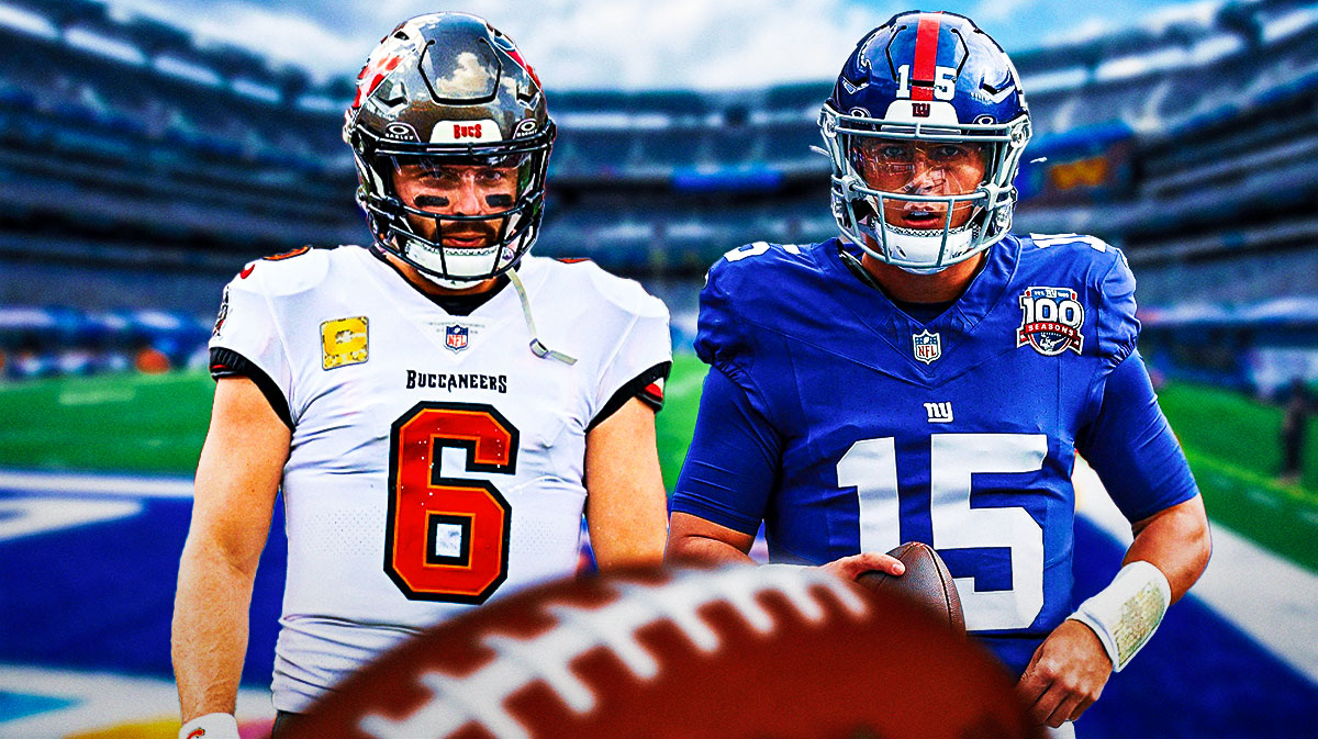 Buccaneers QB Baker Mayfield, Giants QB Tommy DeVito, MetLife Stadium in back