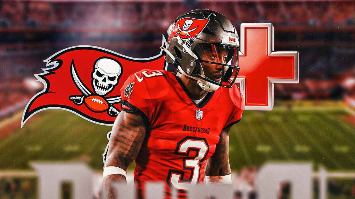 Tampa Bay Buccaneers safety Jordan Whitehead with an injury symbol. There is also a logo for the Tampa Bay Buccaneers.