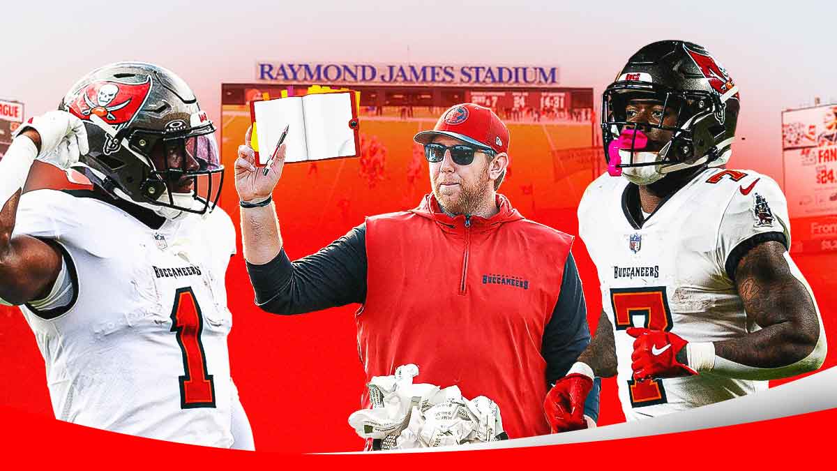 Liam Coen, inside of Raymond James Stadium, throwing a piece of paper in the trash while writing a new piece of paper. Rachaad White and Bucky Irving in the background.