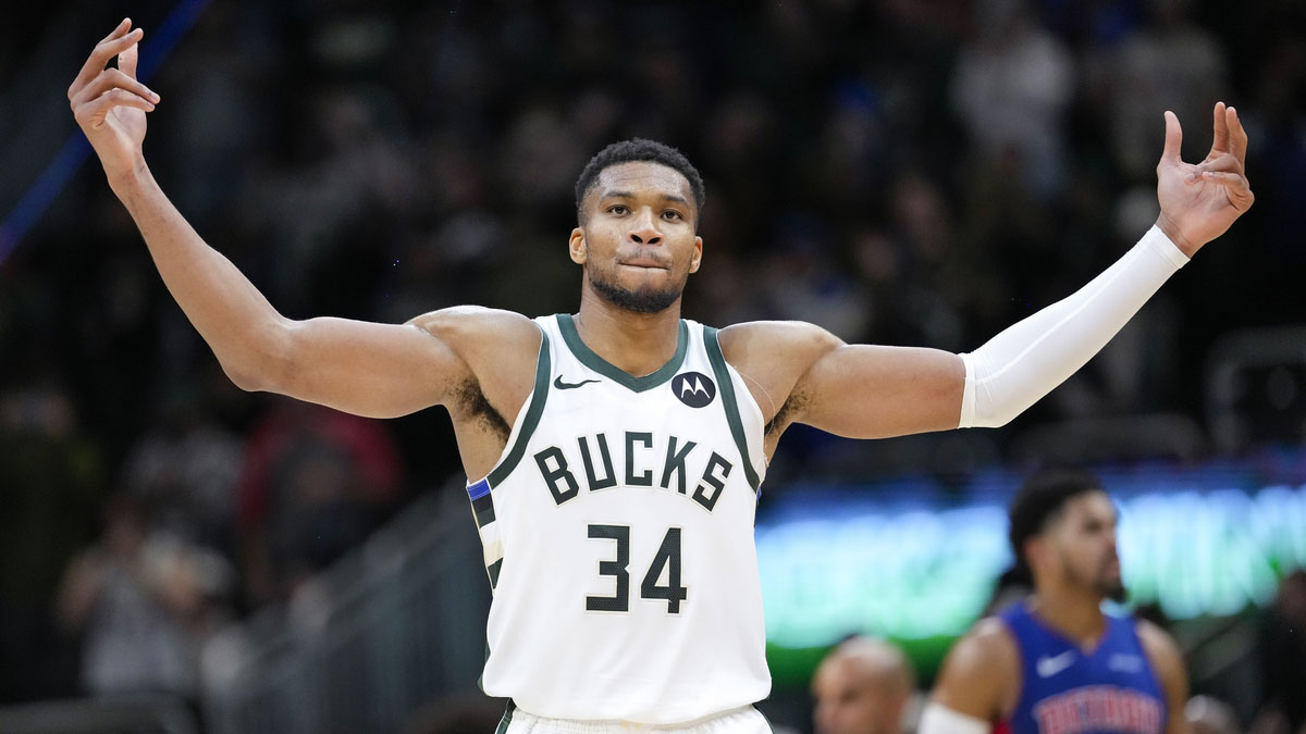 Milwaukee Bucks forward Giannis Antetokounmpo (34) celebrates following the game against the Detroit Pistons at Fiserv Forum.