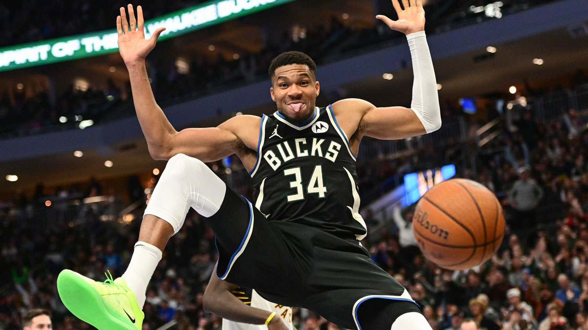 Milwaukee Bucks forward Giannis Antetokounmpo (34) reacts after dunking a basket in the third quarter against the Indiana Pacers at Fiserv Forum.