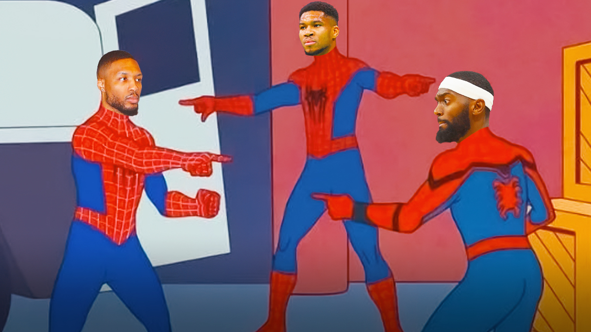 giannis antetokounmpo, damian lillard and bobby portis pointing at each other