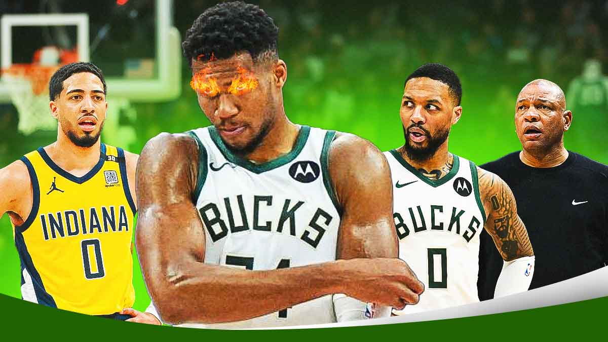 Photo: Giannis Antetokounmpo looking serious with fire in his eyes in Bucks jersey, Doc River standing there, Tyrese Haliburton, Damian Lillard in background