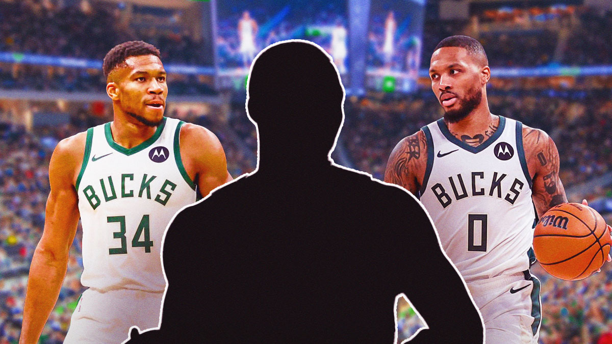 Giannis Antetokounmpo in Milwaukee Bucks jersey, Damian Lillard in Bucks jersey, Silhouette/shadow of a basketball player