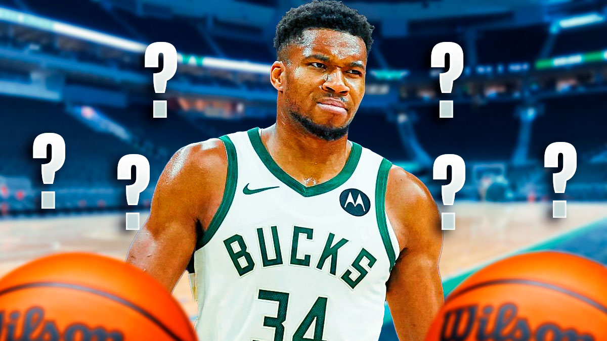 Bucks, Giannis Antetokounmpo, Giannis Antetokounmpo trade, Giannis Antetokounmpo Bucks, Nets, Giannis Antetokounmpo in Bucks uni with Bucks arena in the background, a few question marks on the graphic