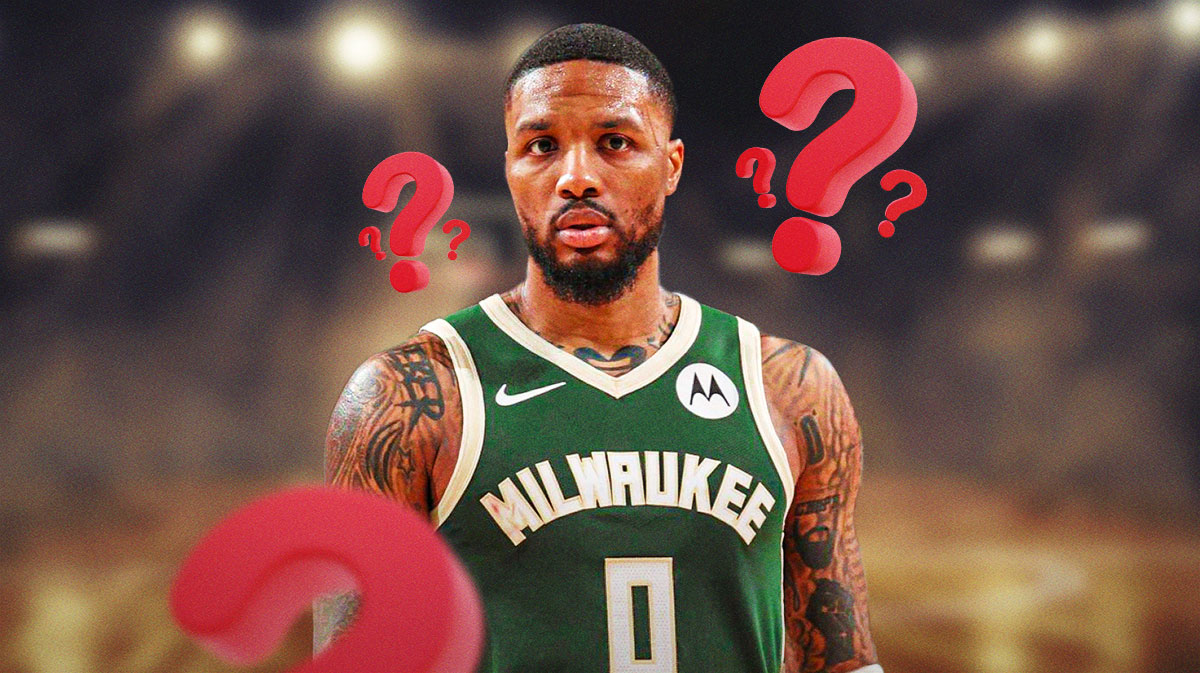 Damian Lillard with question marks surrounding him.