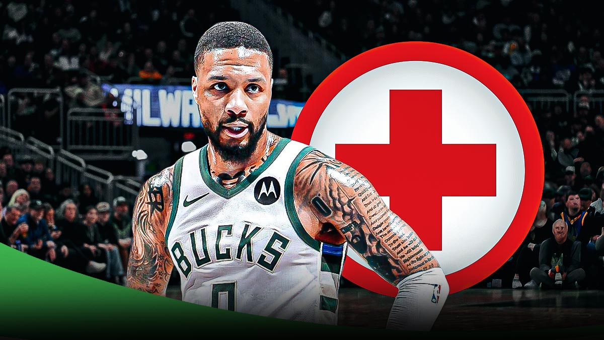 Bucks' Damian Lillard next to injury symbol before Raptors game