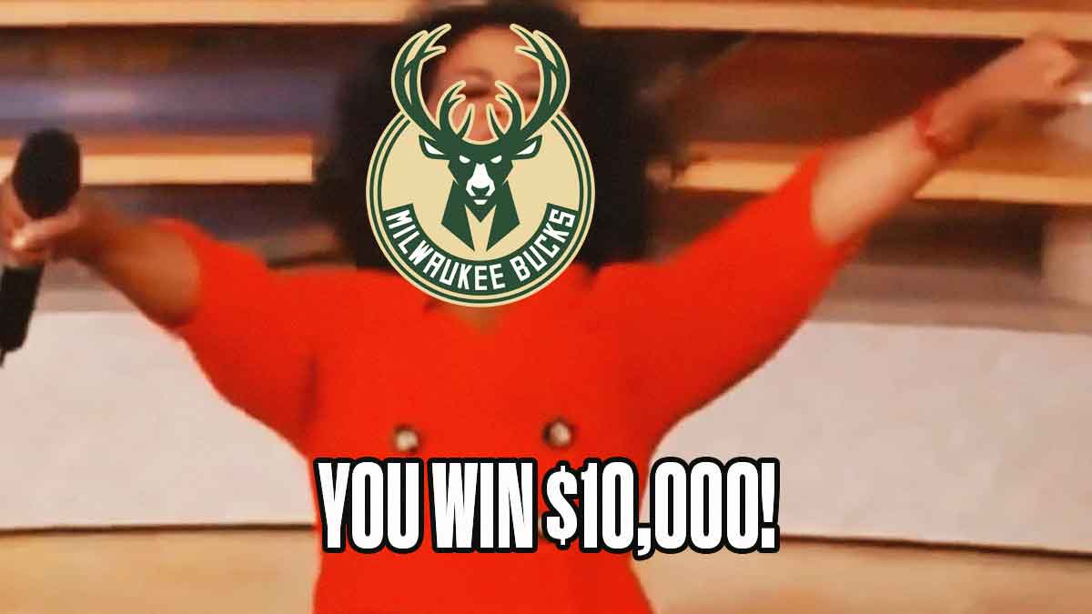 Milwaukee Bucks logo superimposed on Oprah's "You Get a Car" meme, but with subtitles saying "You Win $10,000!"