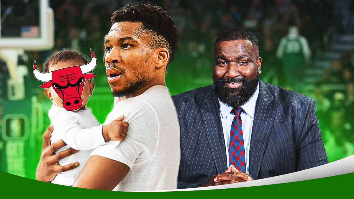 Bucks' Giannis Antetokounmpo holding a baby with a Bulls logo on it, Kendrick Perkins smiling