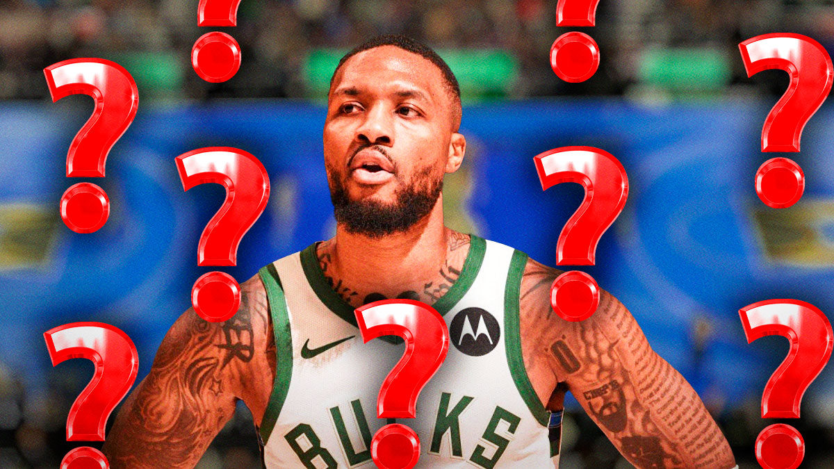 Damian Lillard surrounded by question marks featuring a Bucks/Rockets BG.