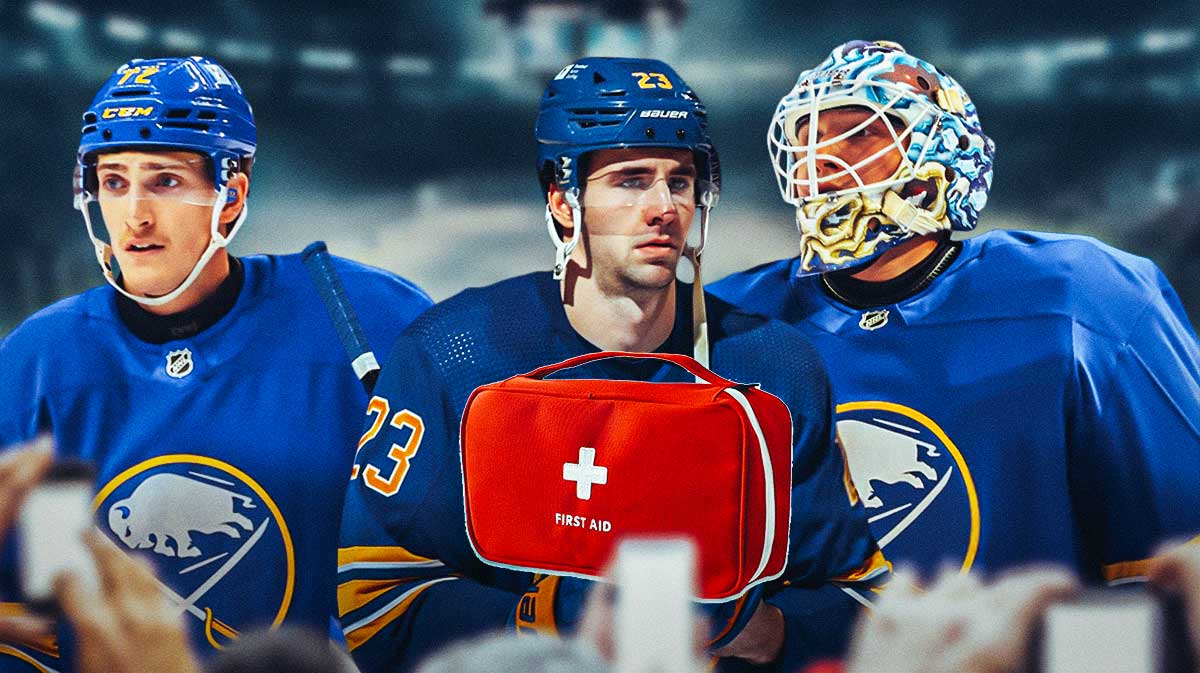 Tage Thompson, Mattias Samuelsson and Ukko-Pekka Luukkonen all in image looking stern, first aid kit, hockey rink in background