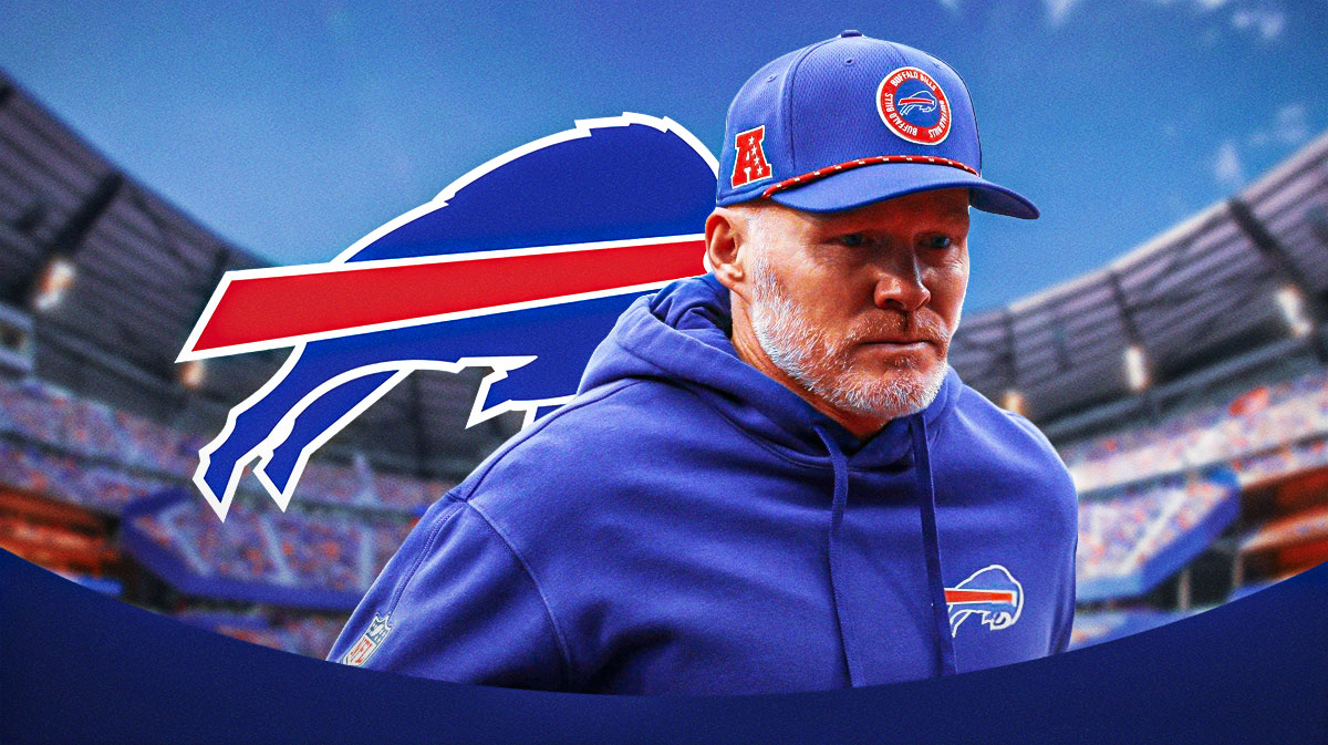 Sean McDermott looking upset next to a Bills logo