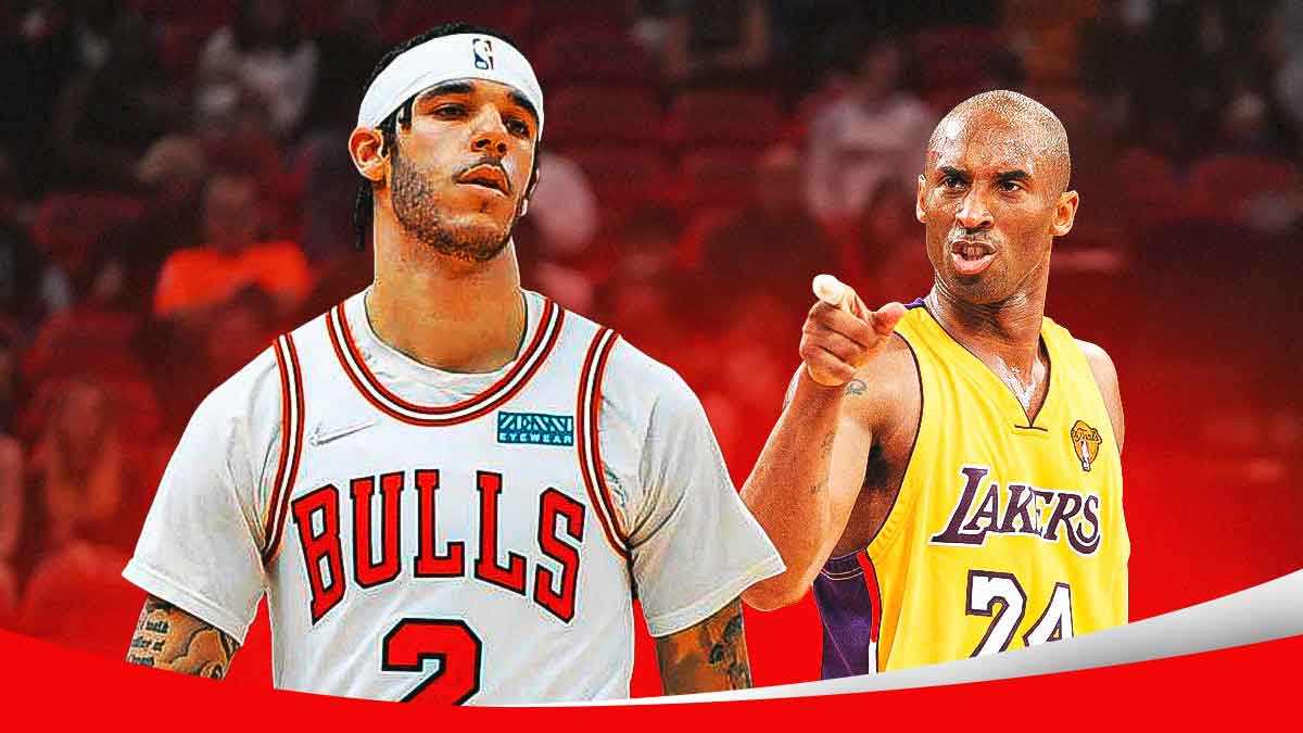 Lonzo Ball in Bulls gear beside Kobe Bryant looking angry.