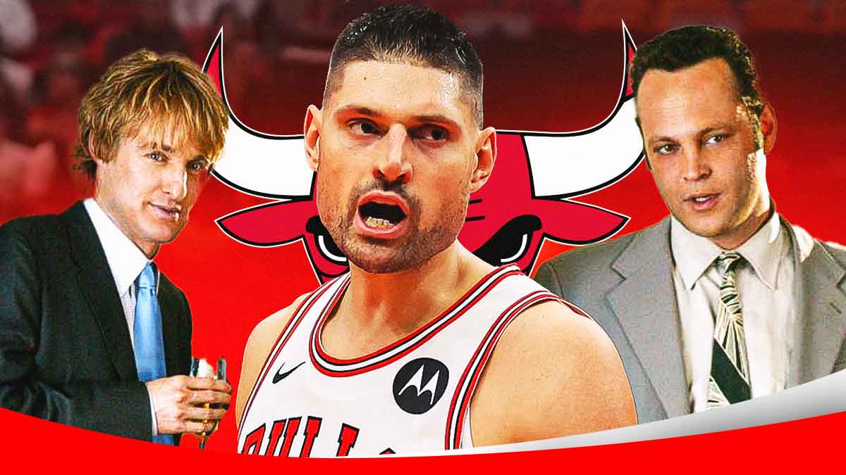 Bulls center Nikola Vucevic next to Vince Vaughn and Owen Wilson from the movie Wedding Crashers & the Bulls logo with the United Center in the background