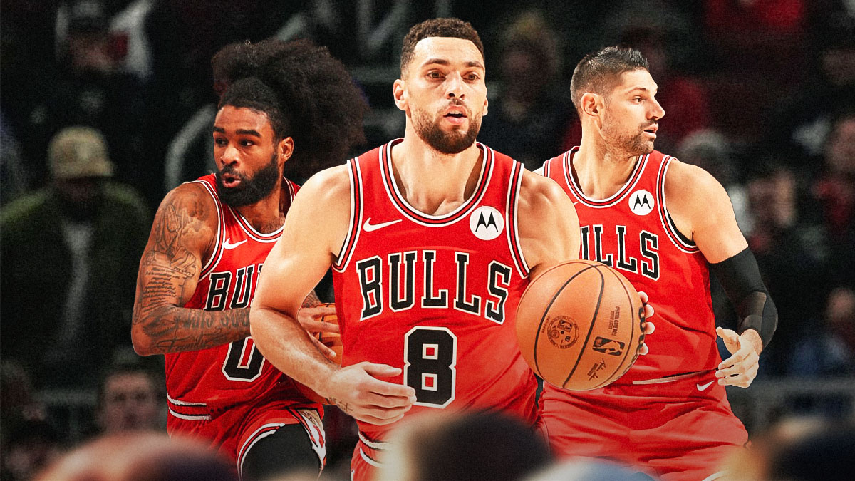 Bulls, Coby White, Zach LaVine, Nikola Vucevic, Bulls Pistons, Zach LaVine, Coby White and Nikola Vucevic in Bulls uni with Bulls arena in the background