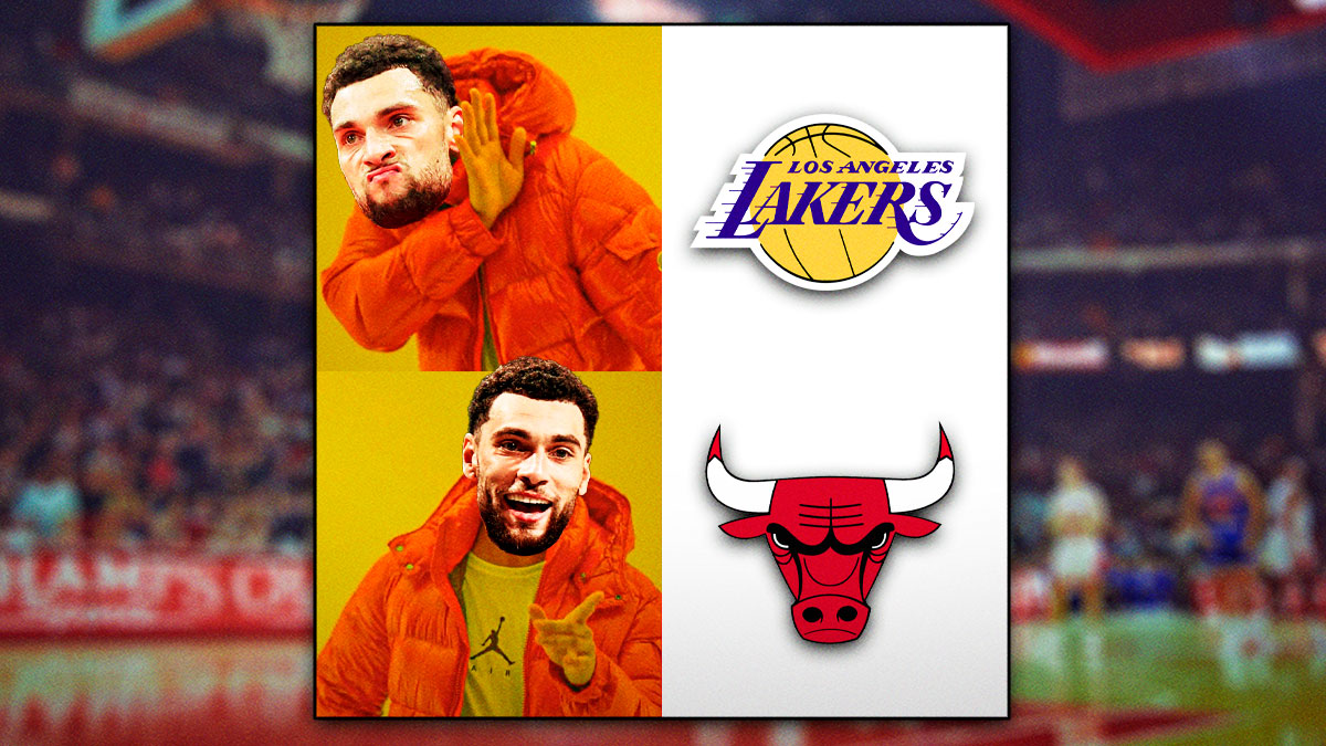 Zach LaVine in the drake meme, with Lakers logo on the top panel and Bulls logo on the bottom panel