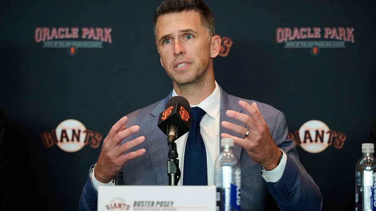 San Francisco Giants President of Baseball Operations Buster Posey addresses the media during his introductory press conference at Oracle Park.