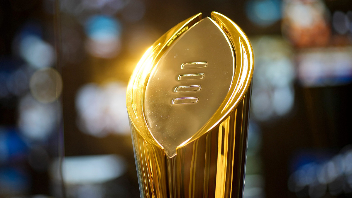 The College Football Playoff trophy inside the College Football Hall of Fame during media day for the Peach Bowl.