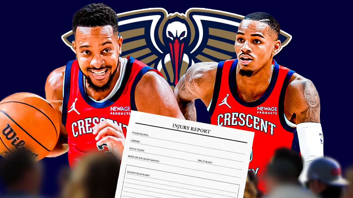 CJ McCollum, Dejounte Murray, Pelicans logo, a 'Injury Report' sheet