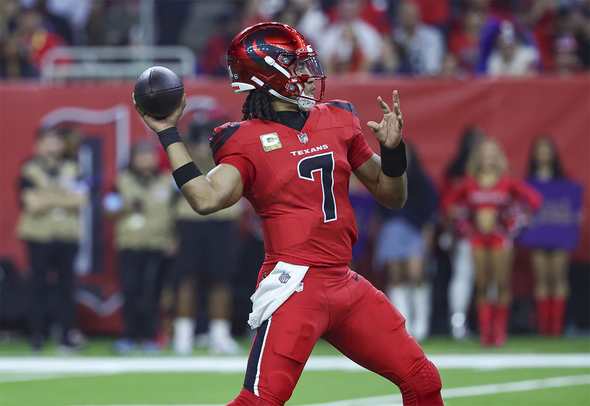 Houston Texans quarterback C.J. Stroud (7) attempts a pass during the second quarter against the Detroit Lions at NRG Stadium.