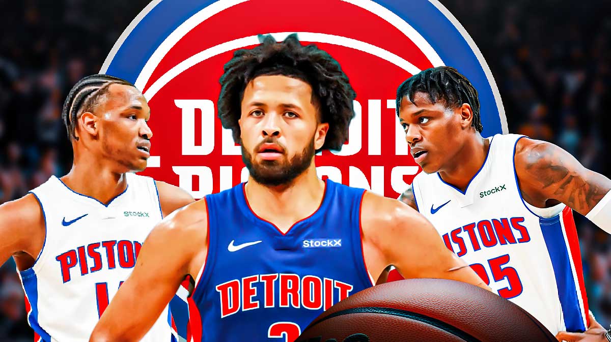 Cade Cunningham in middle, Wendell Moore Jr. and Marcus Sasser on either side, Detroit Pistons logo, basketball court in background