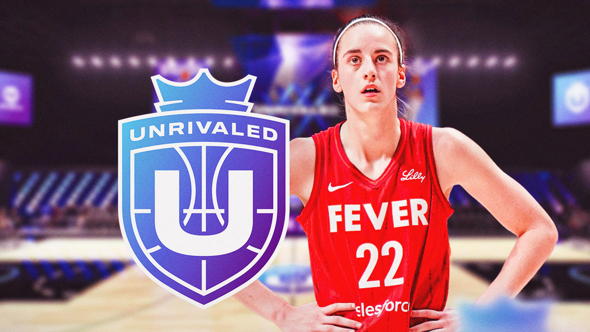 Fever's Cailtin Clark next to Unrivaled logo