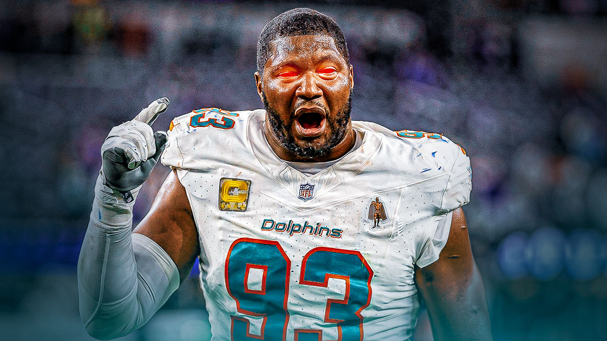 Calais Campbell in a Miami Dolphins uniform with glowing red eyes as Campbell was angry with the Dolphins defensive performance when the team couldn't sack jordan love and tua tagovailoa couldn't beat the packers.