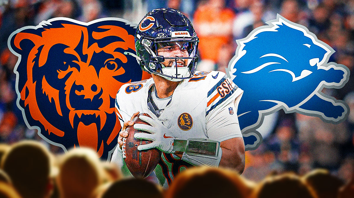 Bears quarterback Caleb Williams next to the Bears and Lions logos with Ford Field in the background