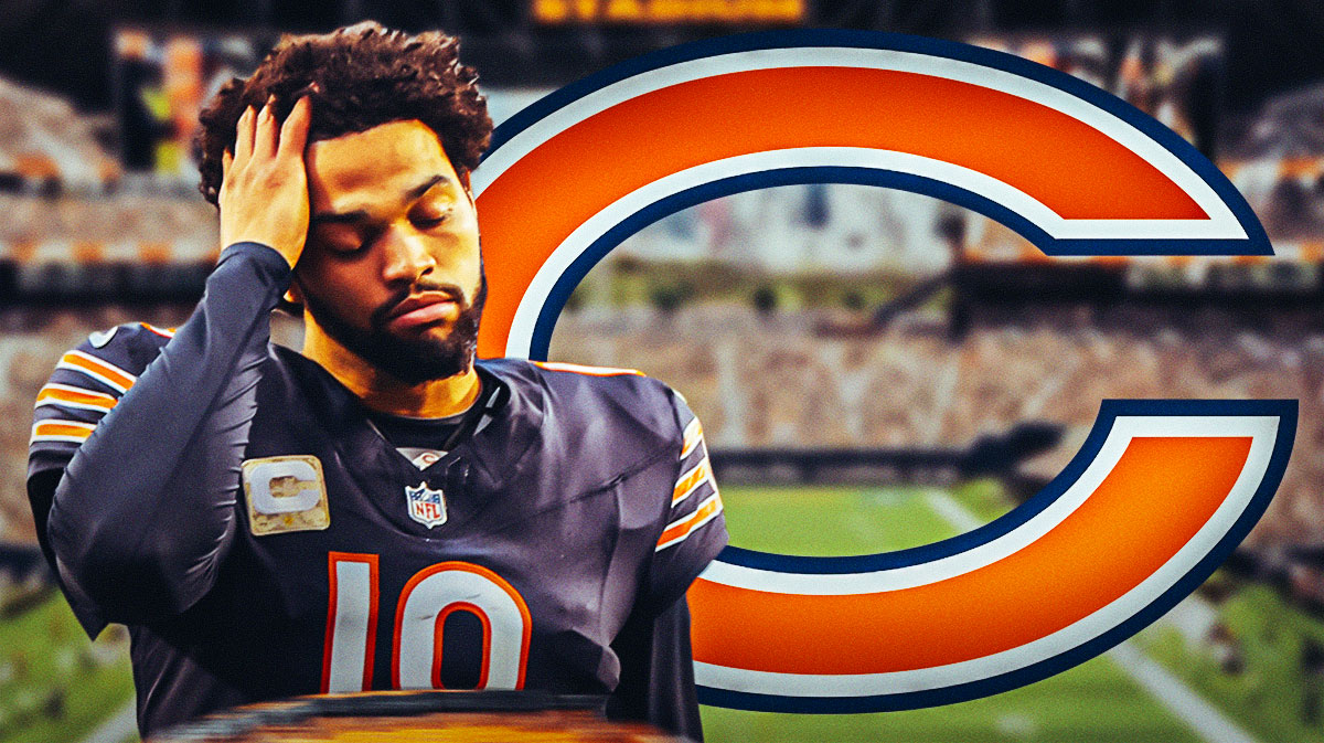 Caleb Williams looking upset next to a Bears logo