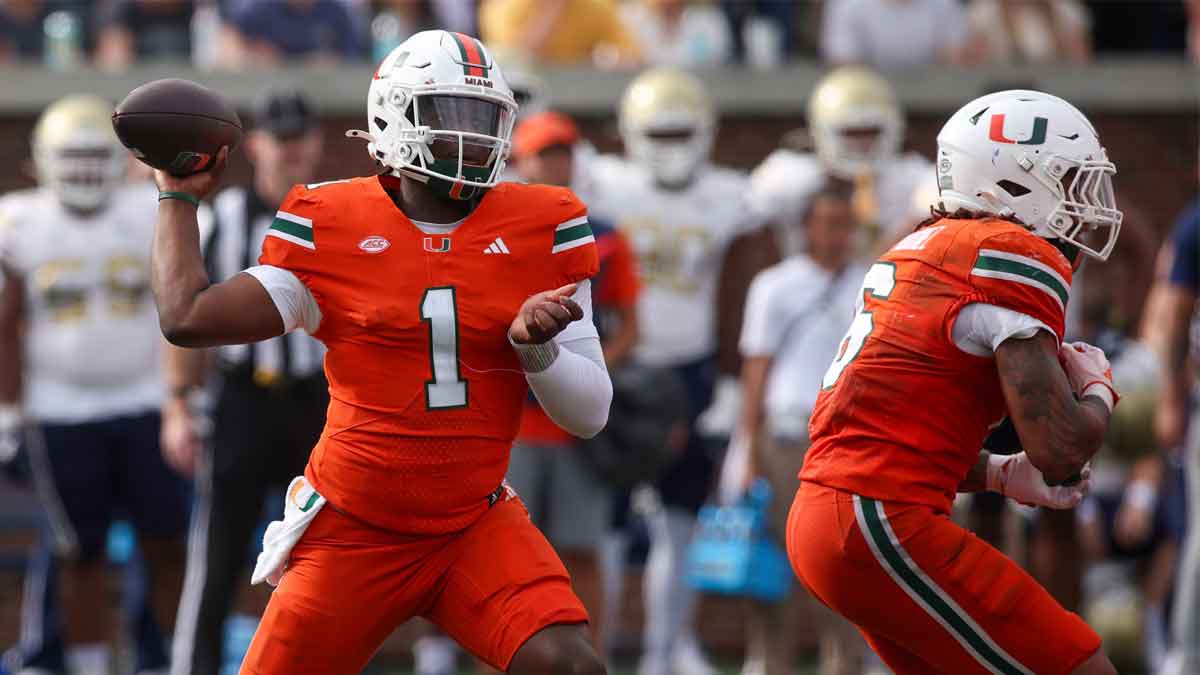 Miami Hurricanes quarterback Cam Ward (1) throws a pass against the Georgia Tech Yellow Jackets in the third quarter at Bobby Dodd Stadium at Hyundai Field.