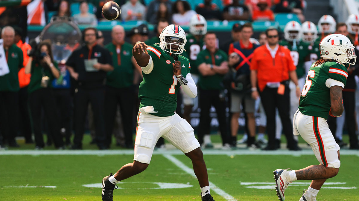 Miami Hurricanes quarterback Cam Ward (1) throws the football against the Wake Forest Demon Deacons during the first quarter at Hard Rock Stadium.