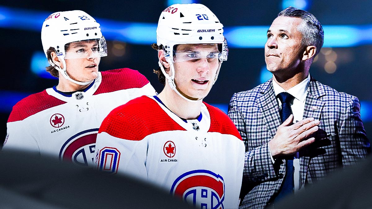 Canadiens players Juraj Slafkovsky, Cole Caufield and coach Martin St. Louis in Bell Centre