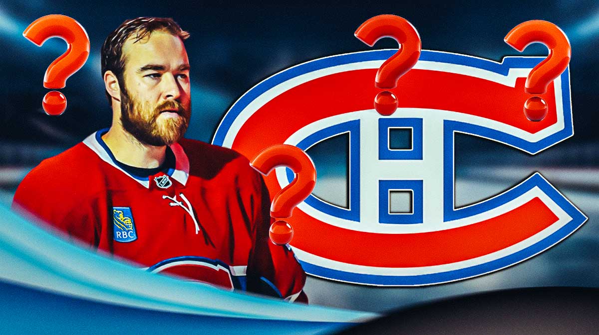 David Savard looking stern, 3-5 question marks, Montreal Canadiens logo, hockey rink in background
